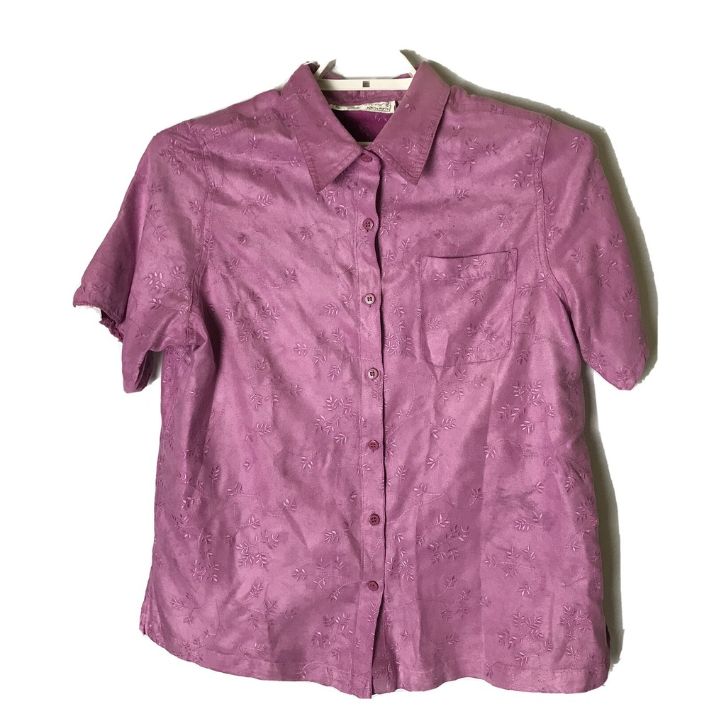 Sarah Bentley Embroidered‎ Button Down Top Short Sleeve Shirt Purple 1X